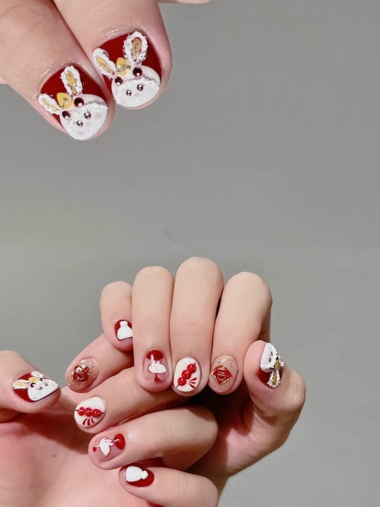 Bộ sưu tập mẫu nail con thỏ dễ thương đáng yêu nhất năm nay Mau Nail Trang Do Hinh Ve Tho Dang Yeu Design Cau Ky Cho Mong Ngan 768x1024