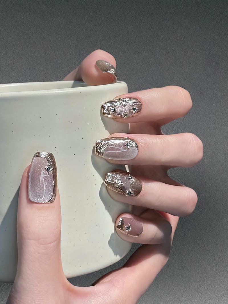 Mẫu Nail Màu Bạc 50+ Thiết Kế Sang Trọng & Cuốn Hút 2025 Mau Nail Trang Guong Vien Bac Ket Hop Dinh Da Don Gian