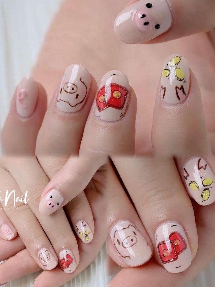 Gợi ý các mẫu nail hình con heo ủn ỉn xinh xắn, đáng yêu 3 Mau Nail Ve Con Heo Nhe Nhang Don Gian