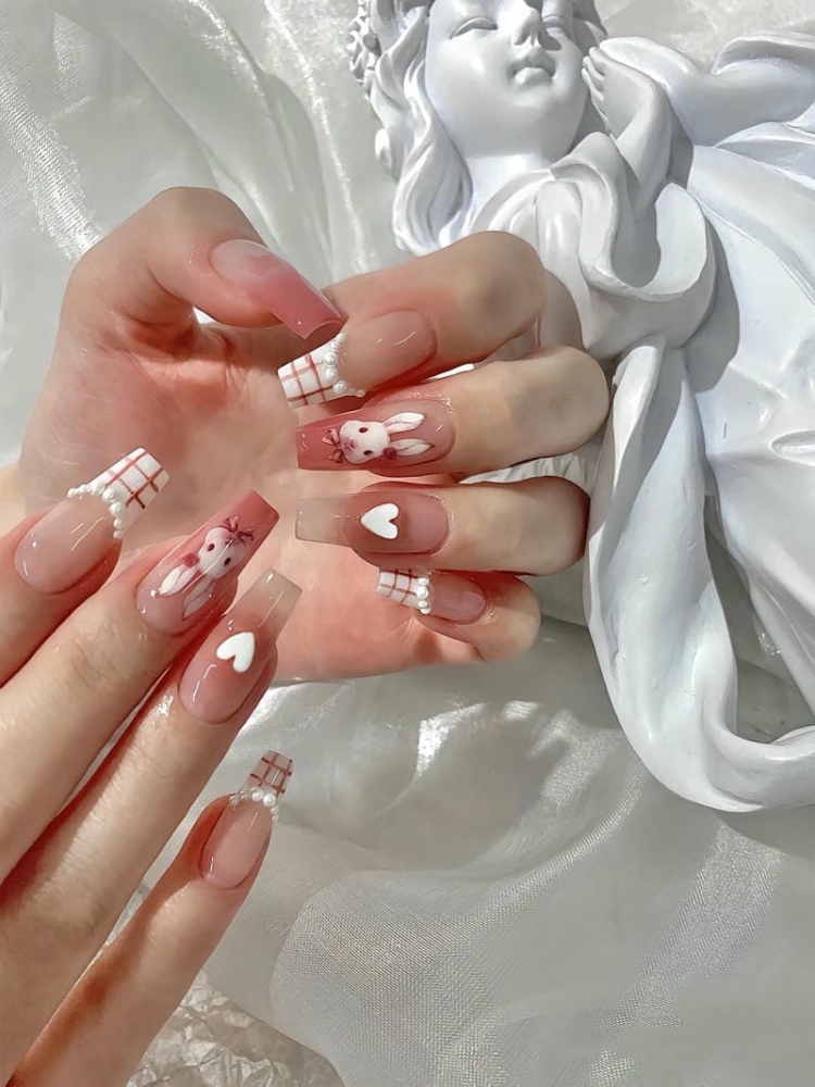 Bộ sưu tập mẫu nail con thỏ dễ thương đáng yêu nhất năm nay Nail Hong Thach Dat Hoa Tiet Ke Dau Mong Ket Hop Ngoc Trai Sang Chanh