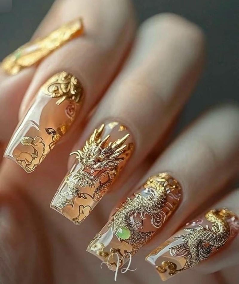 20+ Mẫu nail hình con rồng sang chảnh, độc đáo nhất 21 Nail Ve Hinh Con Rong Tone Vang Noi Bat