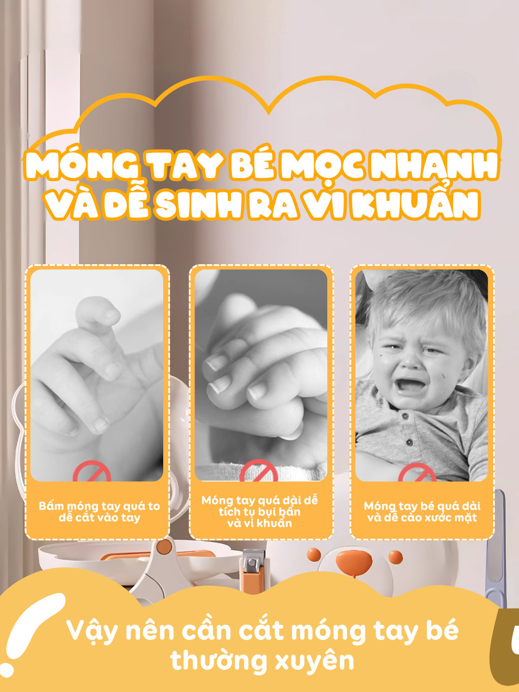 Bàn tay bé nhỏ cần được chăm sóc móng bằng bấm móng tay đa năng