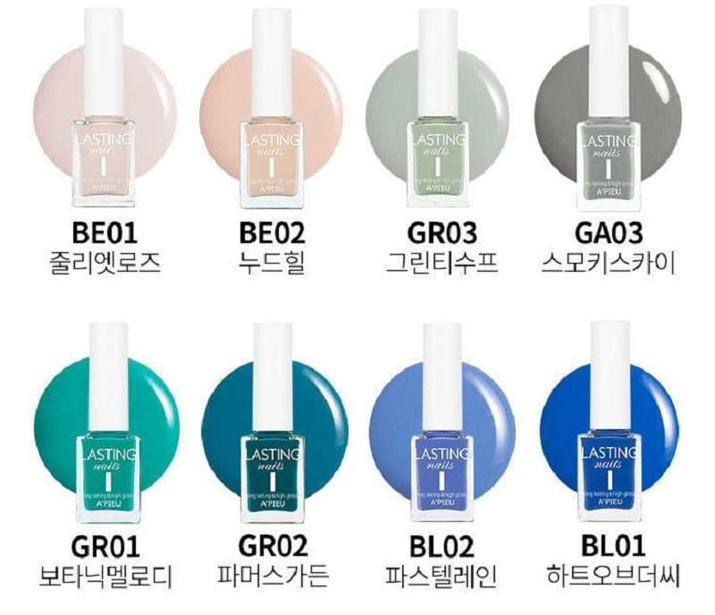 Khám Phá Các Loại Sơn Móng Tay Hàn Quốc Đang Thịnh Hành Nhất Bảng màu sơn móng tay Hàn Quốc thiên hướng màu xanh tươi mát, phù hợp với các chị em có làn da thuộc tone lạnh