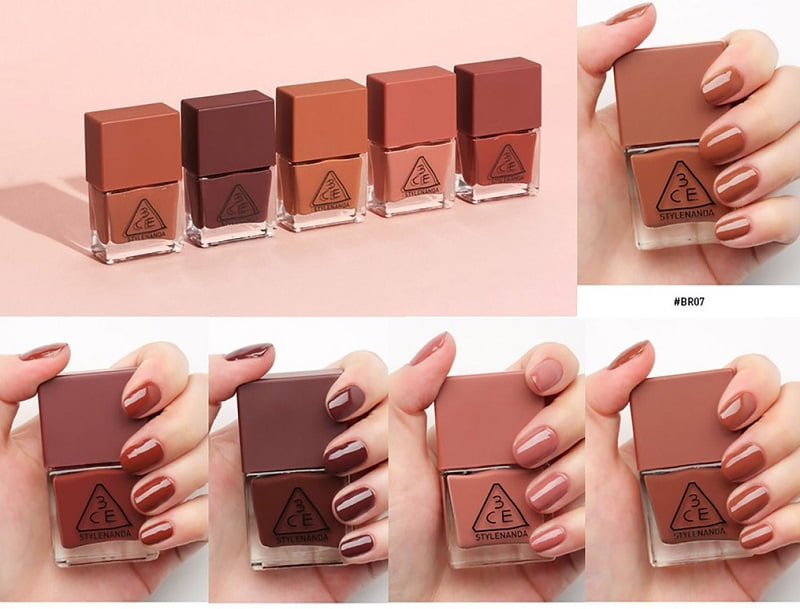Khám Phá Các Loại Sơn Móng Tay Hàn Quốc Đang Thịnh Hành Nhất Bảng màu sơn móng tay Hàn Quốc thuộc tone cam đất, nâu trầm đang được ưa chuộng hàng đầu hiện nay