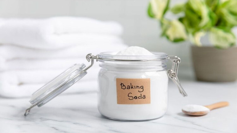 Bát chứa hỗn hợp baking soda và nước, chuẩn bị cho việc làm dung dịch tẩy sơn móng tay tại nhà, an toàn cho móng.