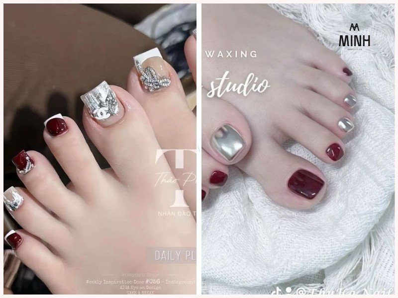 Bộ móng chân đỏ trắng kết hợp hài hòa, tạo nên vẻ đẹp thanh lịch và hiện đại