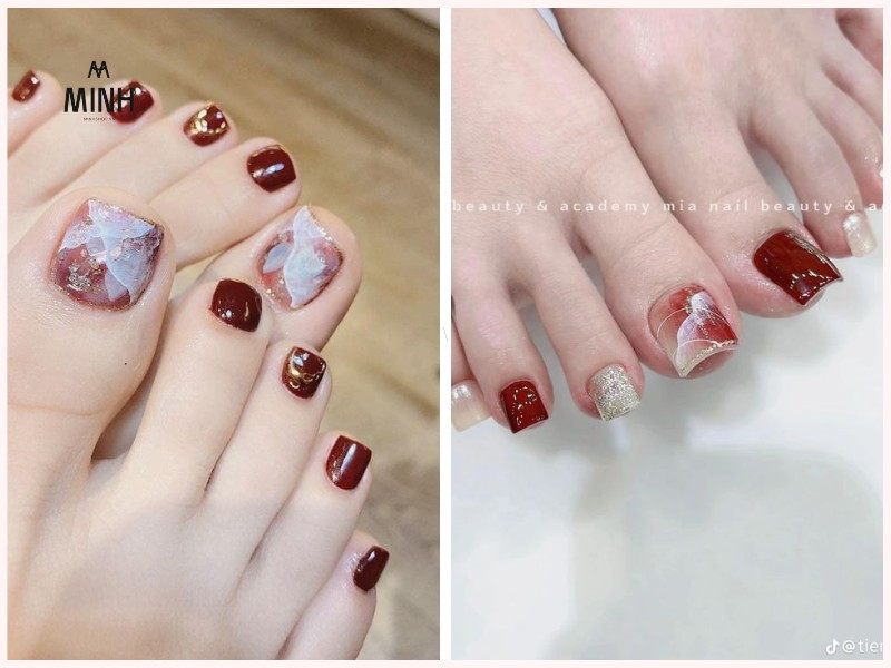 Bộ móng chân màu đỏ với họa tiết hình học độc đáo, thể hiện phong cách cá tính