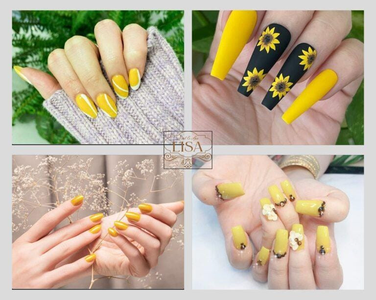 Bộ móng tay màu vàng chanh tươi sáng kết hợp họa tiết hoa lá đơn giản