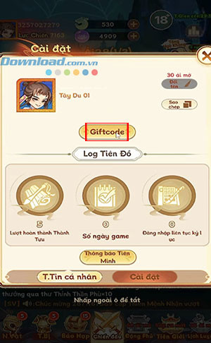 Bước 2 hướng dẫn nhập code game Mộng Tây Du: Chọn nút Giftcode trong cài đặt.