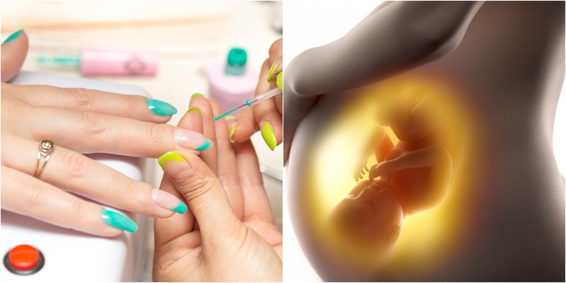Chuyên gia làm móng đang sử dụng sơn móng tay, minh họa các hóa chất mà bầu 3 tháng đầu cần tránh