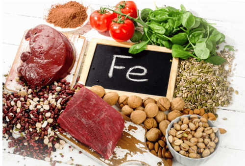 Đĩa thức ăn phong phú với các thực phẩm giàu sắt như thịt đỏ và rau xanh, minh họa chế độ dinh dưỡng giúp cải thiện tình trạng móng tay lồi lõm do thiếu hụt vi chất, đặc biệt là sắt