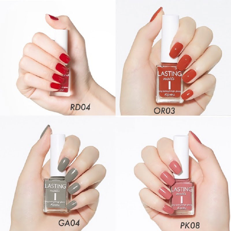 Khám Phá Các Loại Sơn Móng Tay Hàn Quốc Đang Thịnh Hành Nhất Hình ảnh các lọ sơn móng tay Hàn Quốc A'pieu Lasting Nails với bảng màu đa dạng, thu hút