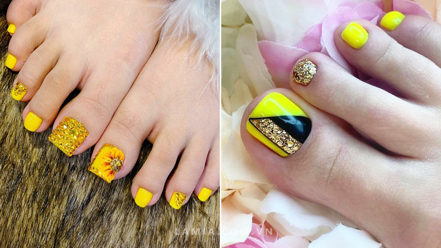 Hình ảnh nail chân đẹp đính đá màu vàng tươi sáng rực rỡ