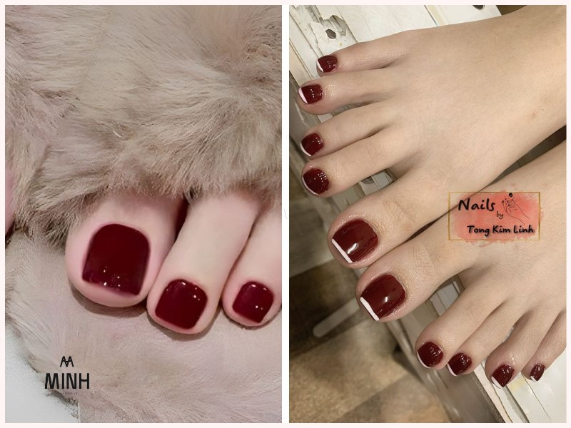 Kiểu móng chân màu đỏ cherry tráng gương hiện đại