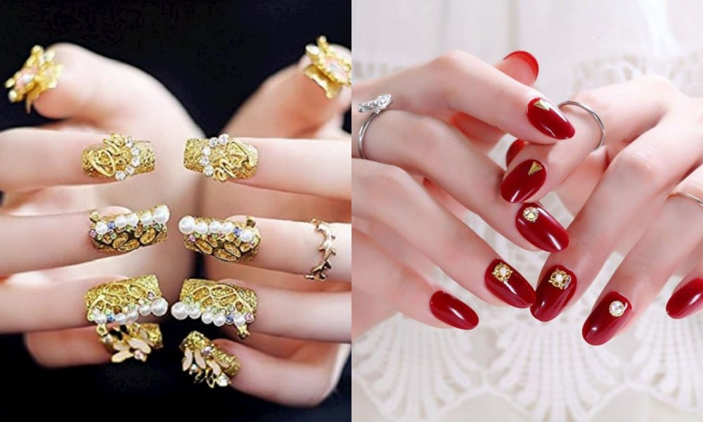 Kiểu móng tay đẹp 2024 đính vàng lấp lánh, quý phái