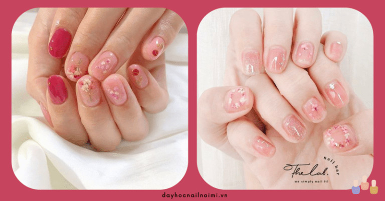 Kiểu nail hồng cánh sen vẽ hoa hồng lãng mạn