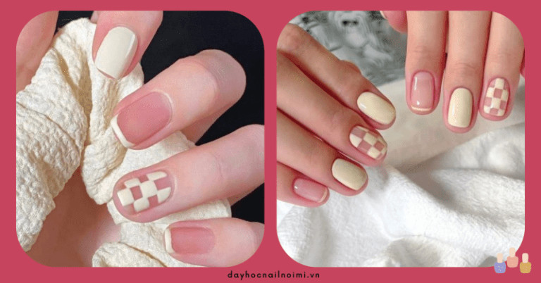 Kiểu nail hồng phấn phối trắng sữa caro và Pháp thanh lịch