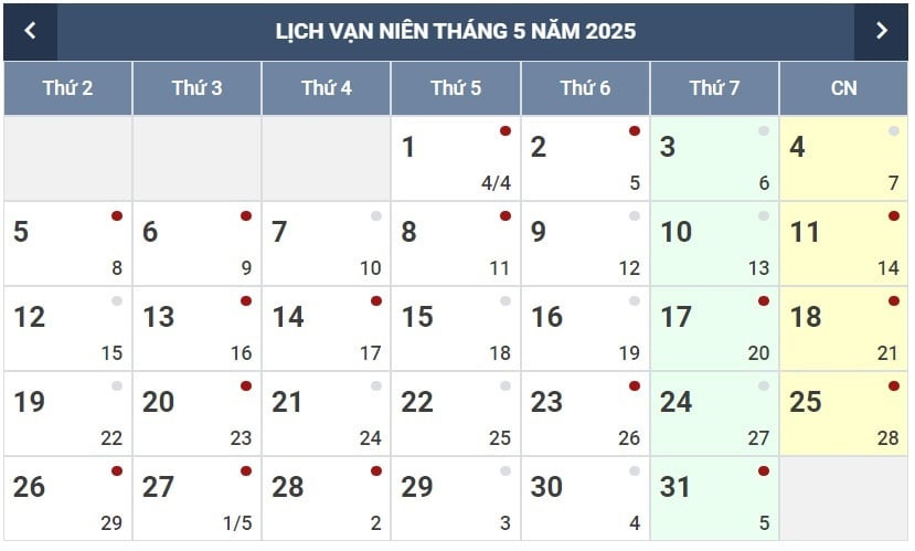 Lịch dương tháng 5 2025 chi tiết, hỗ trợ xác định ngày tốt để chăm sóc móng