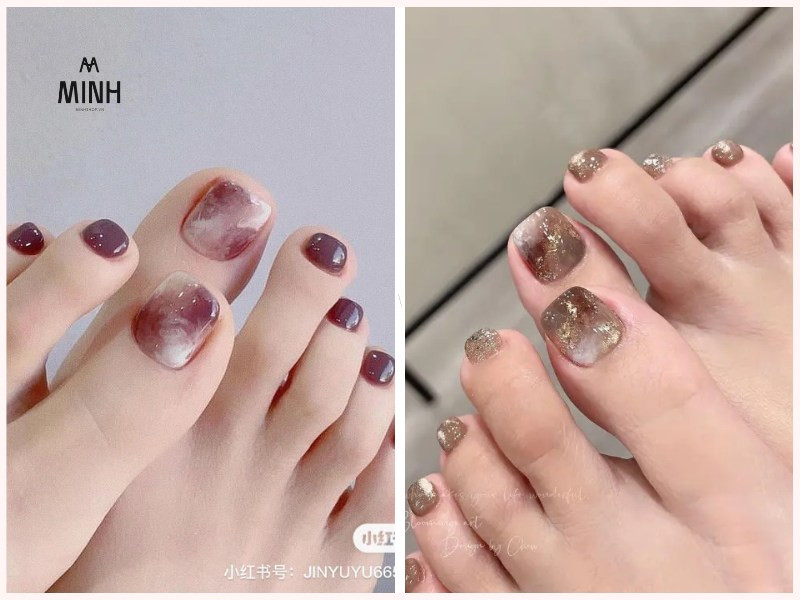 Mẫu móng chân đen đẹp họa tiết vân đá sang trọng