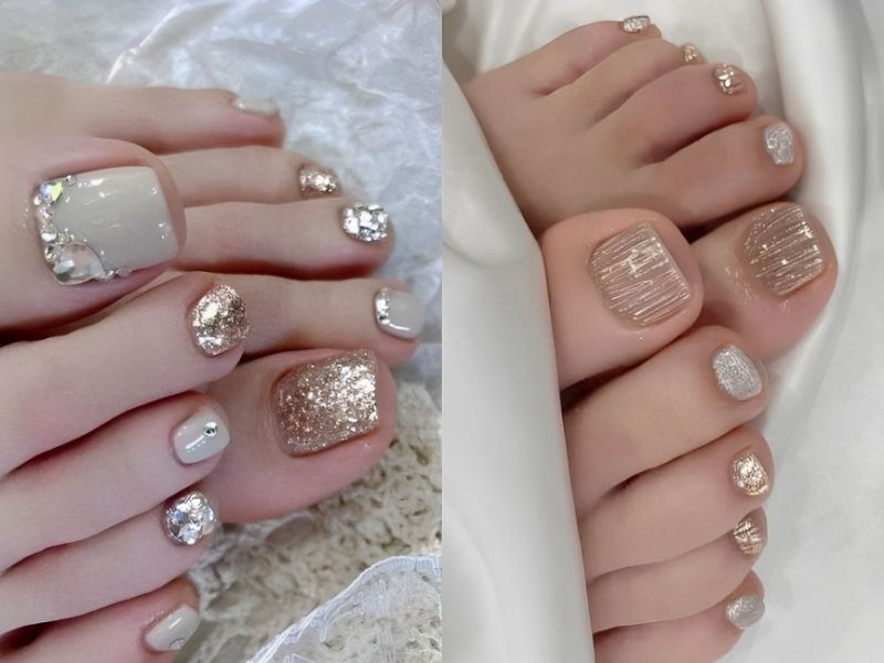 mẫu móng chân đẹp 2024 đi biển đính kim tuyến lấp lánh