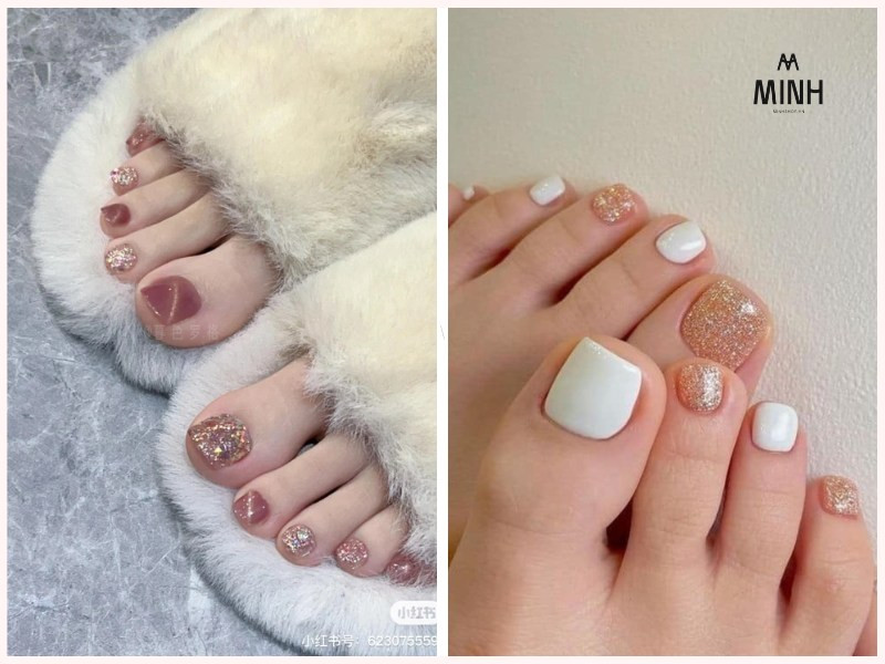 Mẫu móng chân đẹp da ngăm phối nhũ bạc lấp lánh, tạo điểm nhấn sang trọng