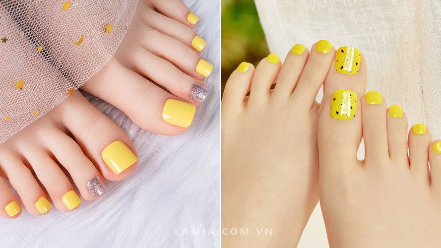 Mẫu móng chân đẹp màu vàng ánh kim nổi bật, tạo điểm nhấn cá tính và sáng tạo.
