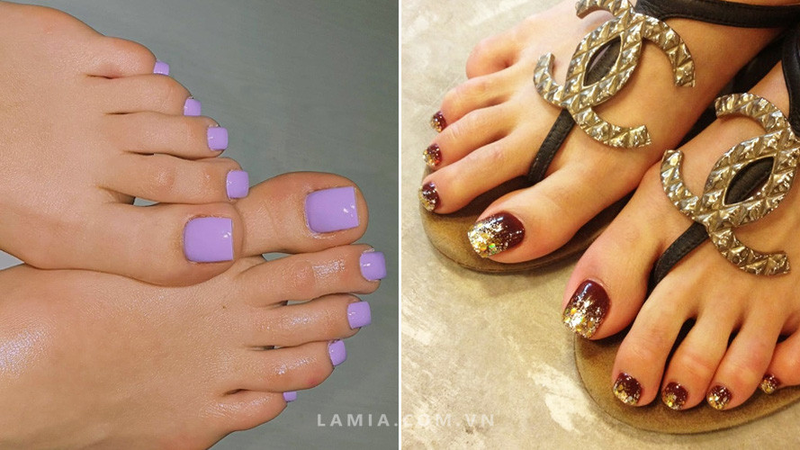 Mẫu móng chân màu pastel và đỏ đô cho da ngăm