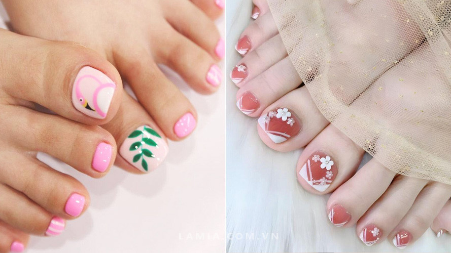 Mẫu móng chân nhẹ nhàng với tông hồng pastel và họa tiết nhỏ xinh