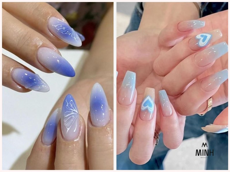 Móng Tay Đẹp Màu Xanh Dương: Tôn Vinh Nét Sang Trọng Và Thanh Lịch Mẫu móng tay đẹp màu xanh dương ombre với hiệu ứng chuyển sắc từ nhạt đến đậm trên nền móng bầu