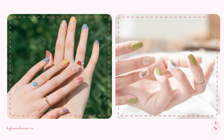 Mẫu móng tay đẹp nhất 2025 phối hợp nhiều màu pastel cùng tone cho học sinh sinh viên