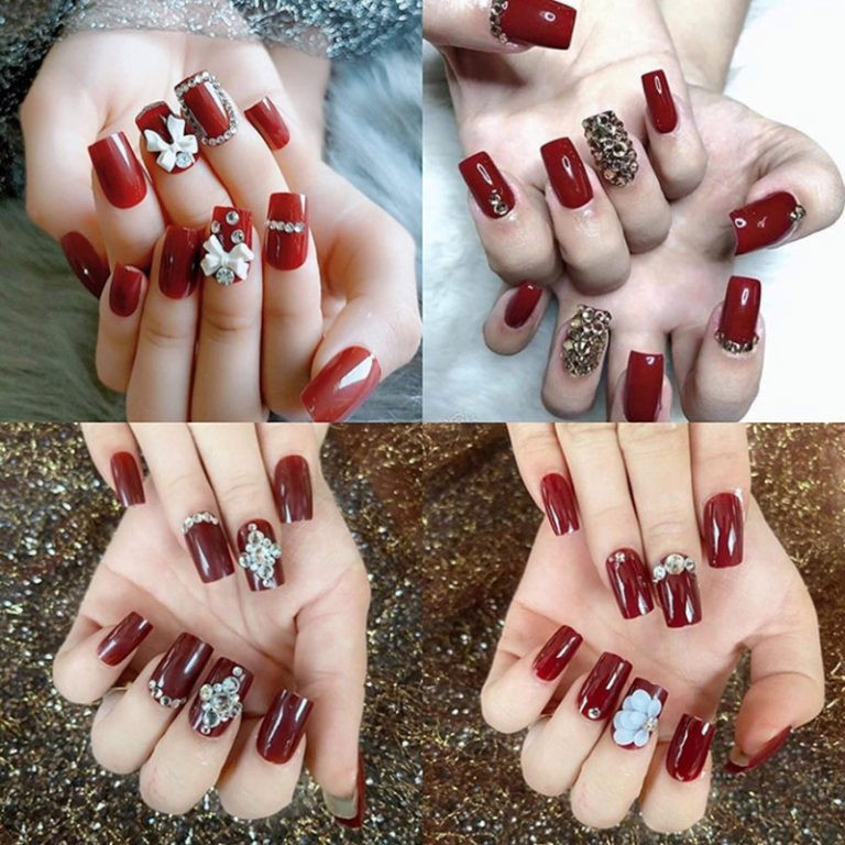 Mẫu móng tay đỏ đính đá sang trọng với họa tiết kim cương