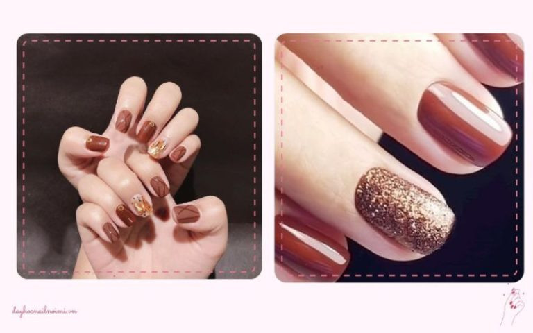 Mẫu móng tay đỏ nâu kèm nhũ và họa tiết độc lạ