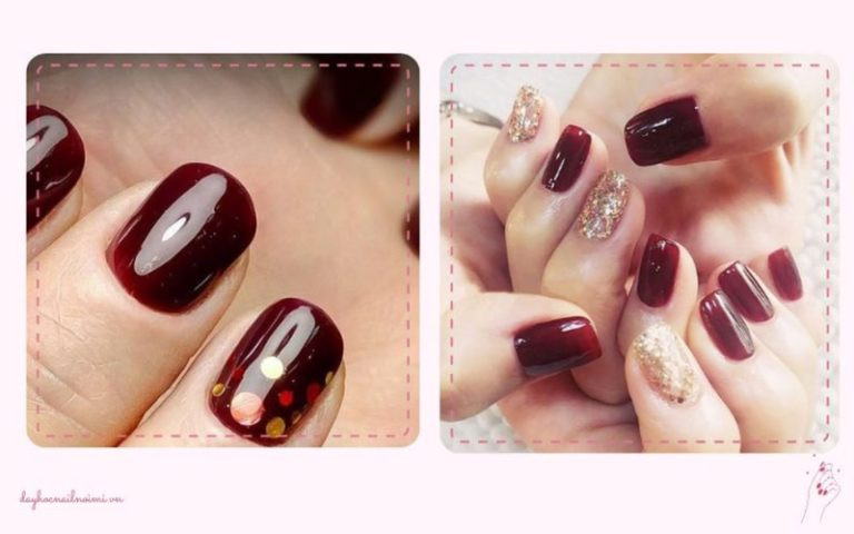 Mẫu móng tay đỏ rượu bóng lấp lánh, sang trọng