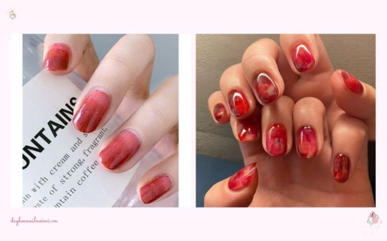 Mẫu móng tay đỏ thạch xinh xắn với hiệu ứng trong suốt