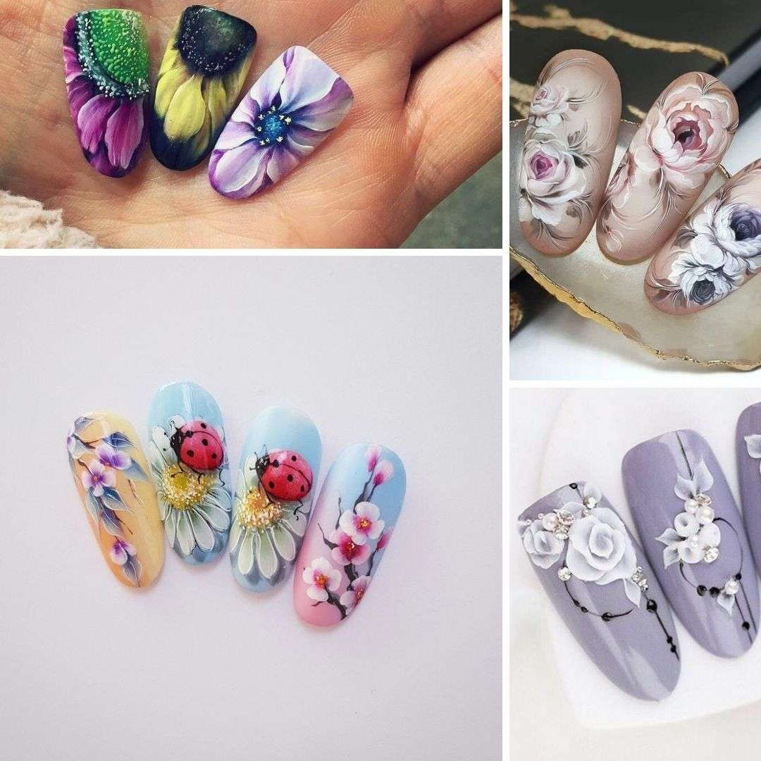 Mẫu móng tay độc lạ hoa 3D màu hồng trắng nổi bật trên nền đen, tạo cảm giác sống động và cuốn hút