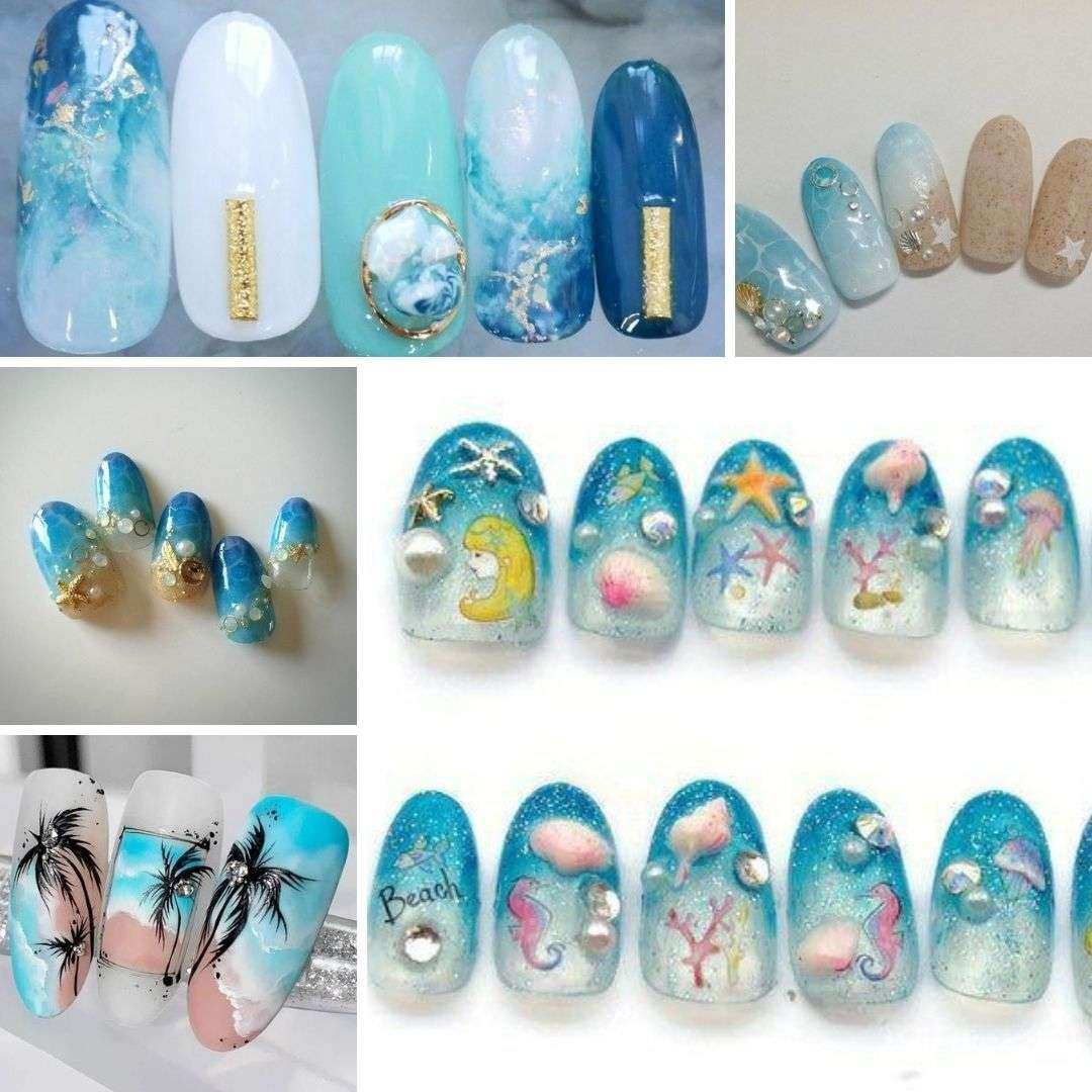 Mẫu móng tay độc lạ sắc màu bãi biển tươi mát với các tông xanh, phù hợp cho những chuyến du lịch