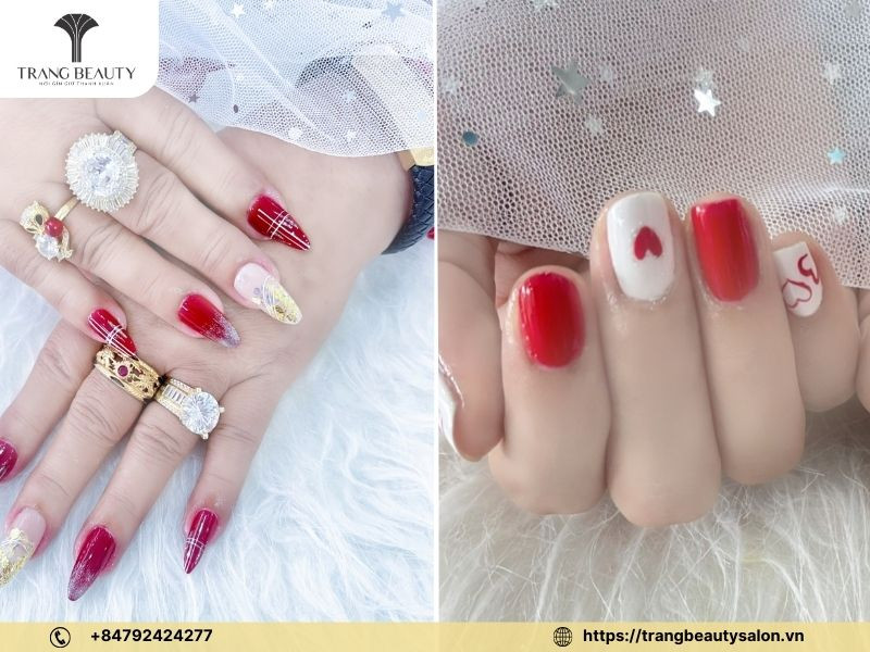 Màu móng tay hot trend sắc đỏ nổi bật cùng họa tiết tinh tế