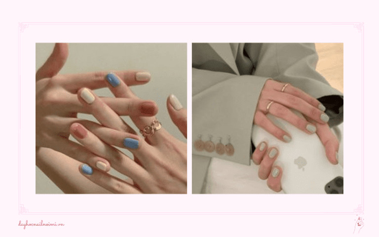 Mẫu móng tay màu pastel tím xám hồng dịu nhẹ, lựa chọn hoàn hảo cho xu hướng móng tay hot 2025