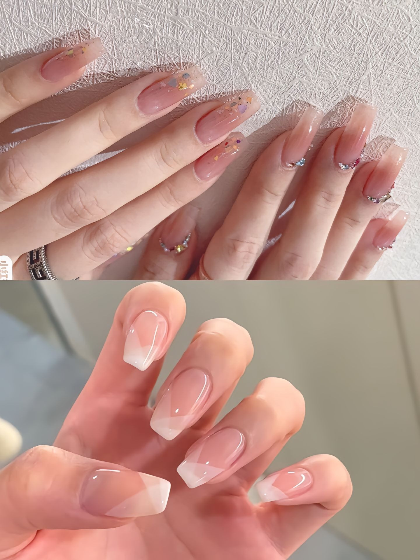 mẫu móng tay màu thạch hồng kết hợp họa tiết xà cừ, tạo hiệu ứng lấp lánh và độc đáo.
