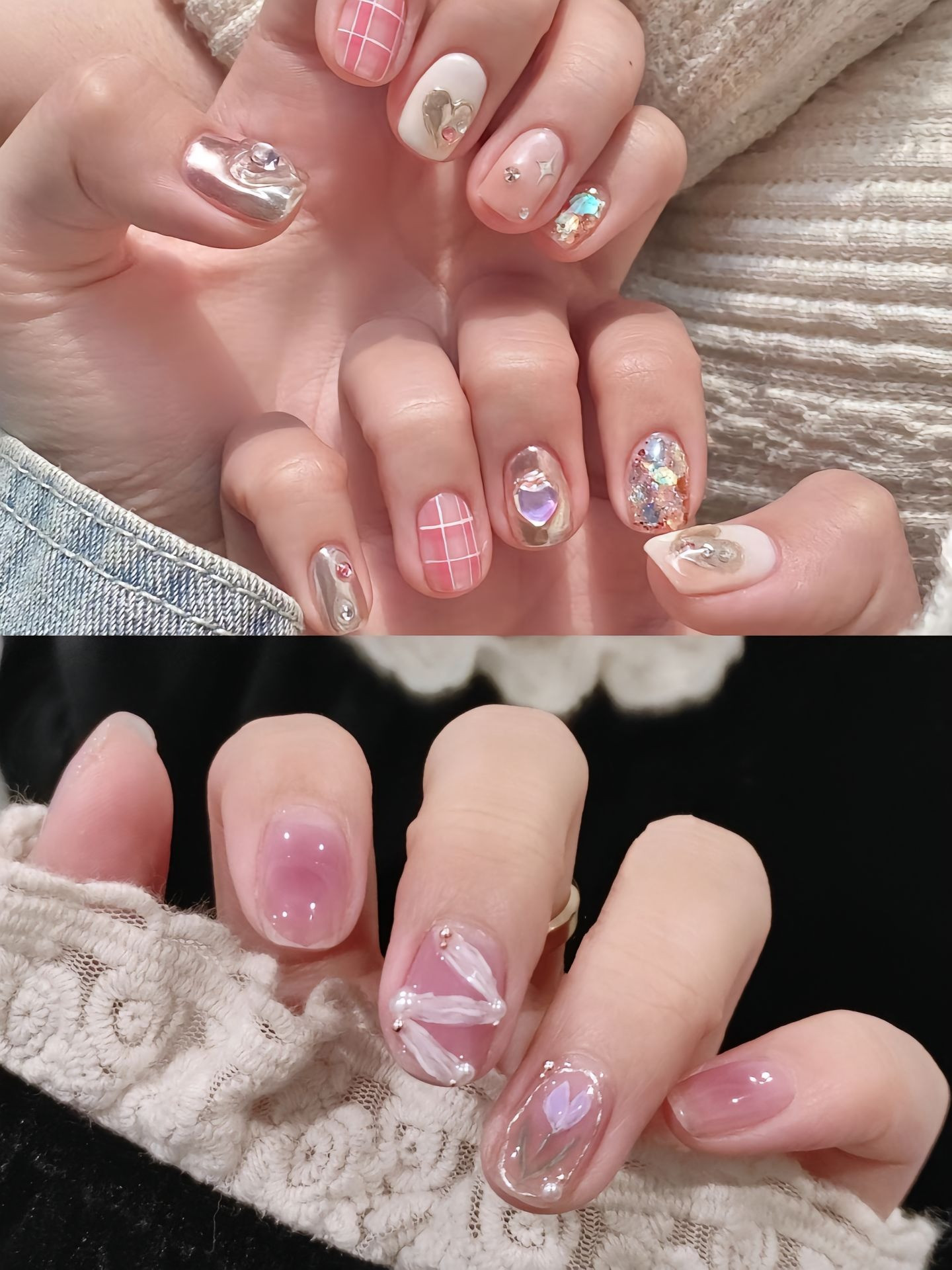 mẫu móng tay màu thạch hồng phối trắng tinh tế, mang lại vẻ đẹp thanh lịch và nhẹ nhàng.