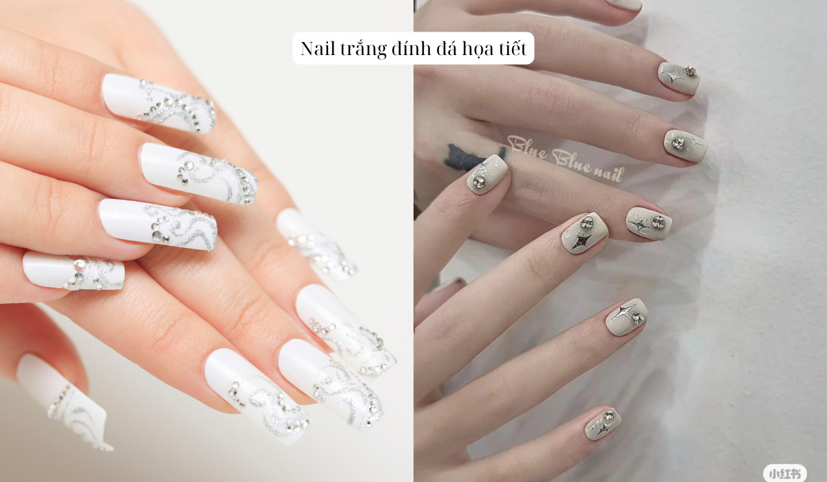 Mẫu móng tay màu trắng đính đá họa tiết nghệ thuật