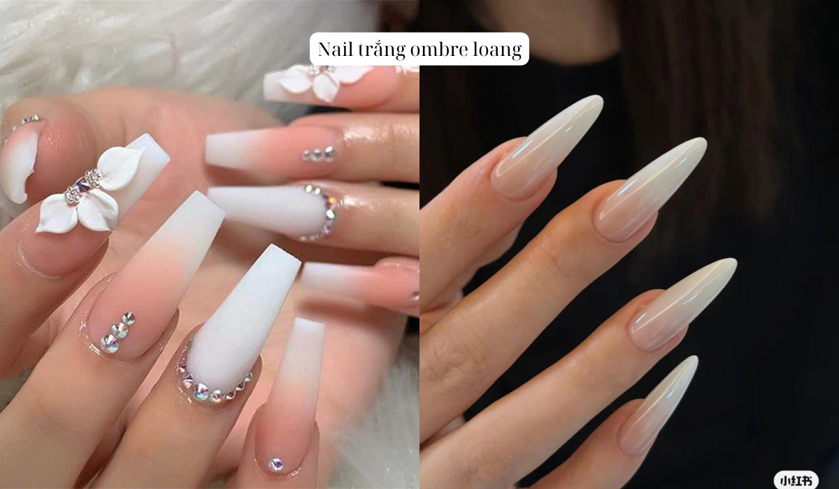 Mẫu móng tay màu trắng ombre đính đá