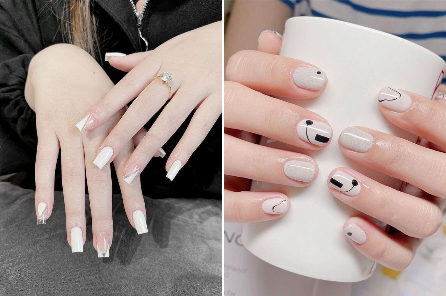 Mẫu móng tay màu trắng với họa tiết vẽ tay thịnh hành