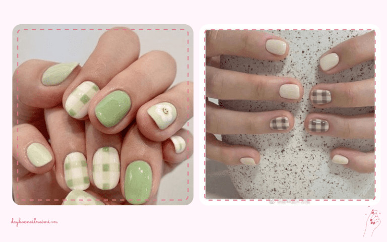 Mẫu móng tay trắng xanh caro trẻ trung