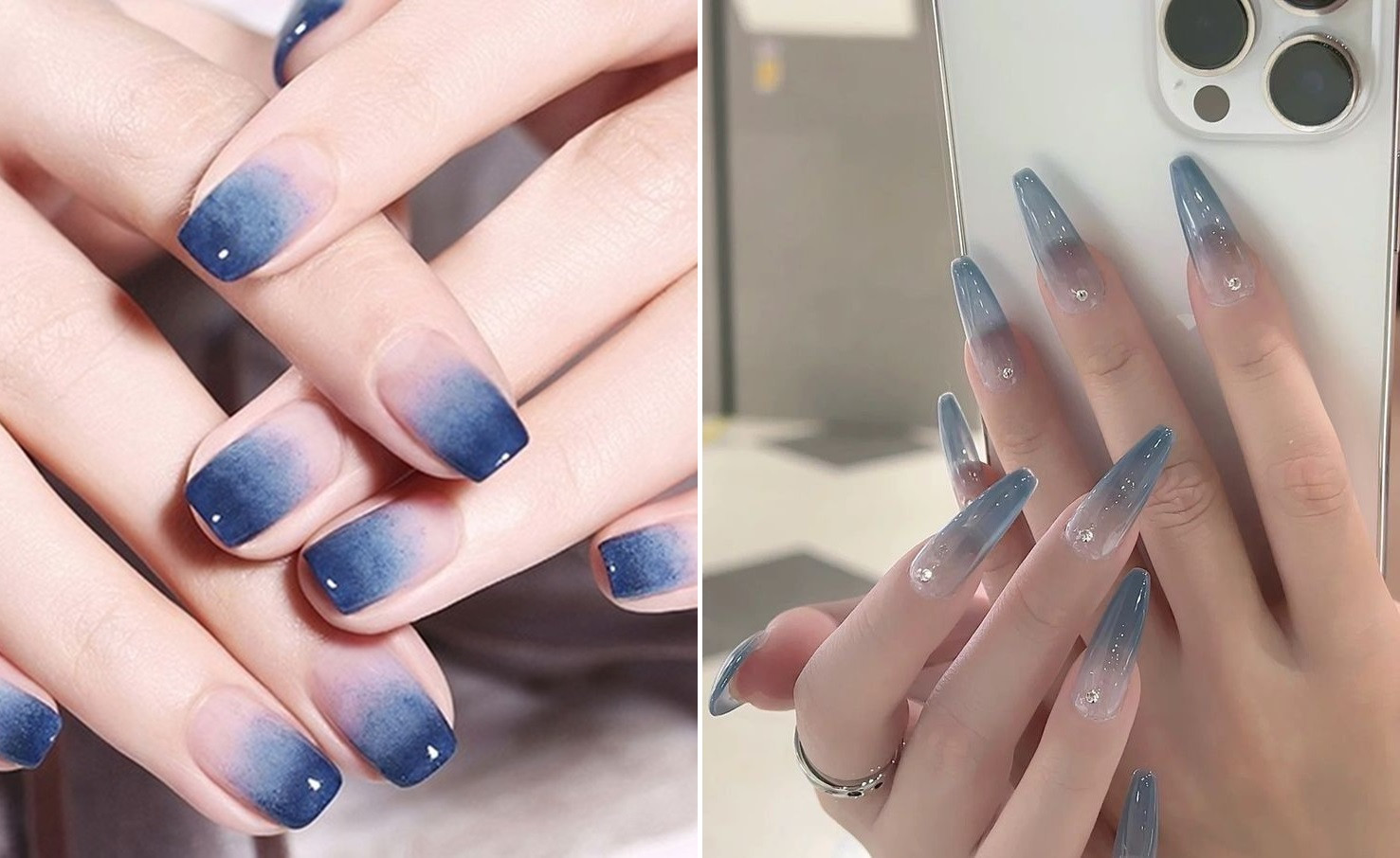 Mẫu móng tay xanh da trời phối vân đá ấn tượng