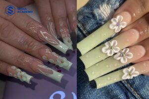 Mẫu móng tay xanh ngọc đắp hoa nổi