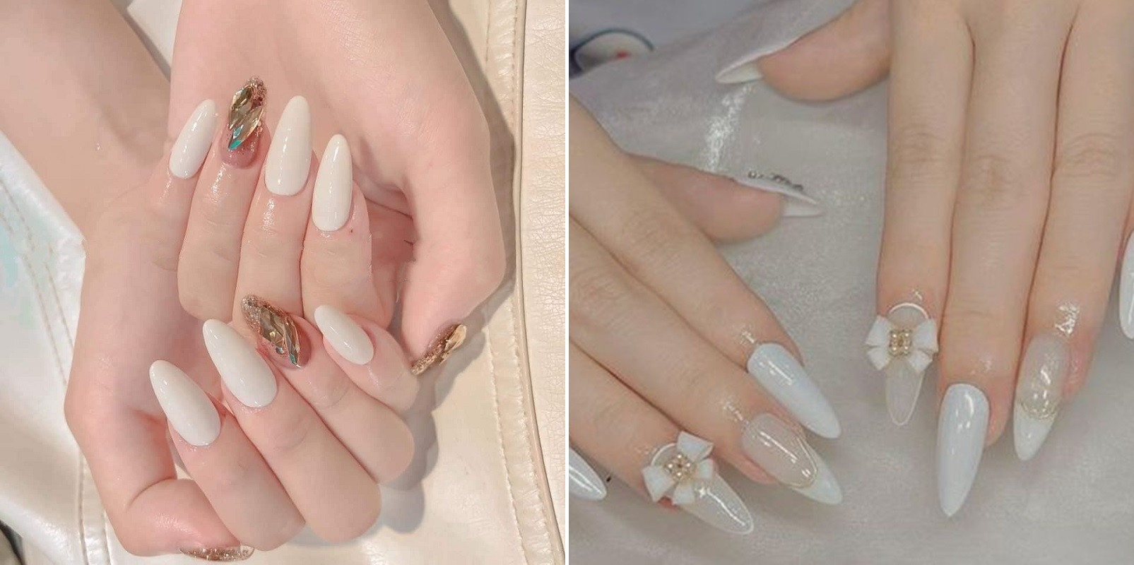 mẫu móng tay xinh đơn giản màu trắng đính đá