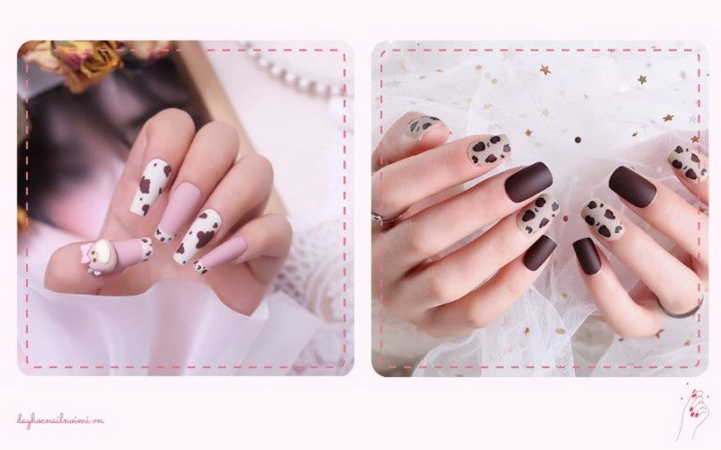 Mẫu nail bò sữa kết hợp vân và màu nâu be