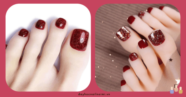Mẫu nail chân đỏ mận kim tuyến sang trọng