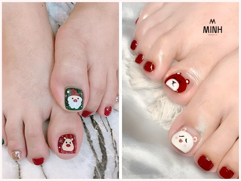 Mẫu nail chân màu đỏ rượu vang họa tiết da báo cá tính